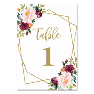 Geometric Burgundy Blush Floral Bridal Shower Table Number