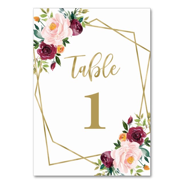 Geometric Burgundy Blush Floral Bridal Shower Table Number (Front)