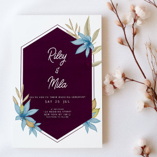 Geometric burgundy brown blue floral Wedding Invitation