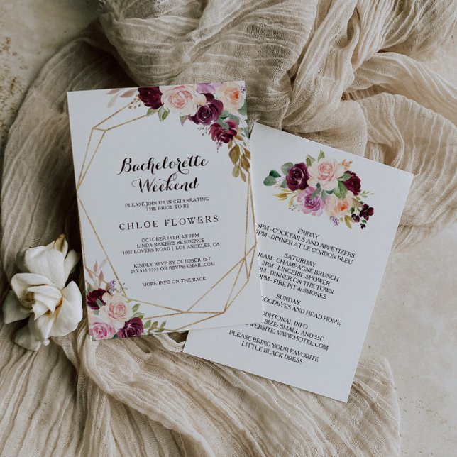 Geometric Burgundy Floral Bachelorette Weekend Invitation (Creator Uploaded)