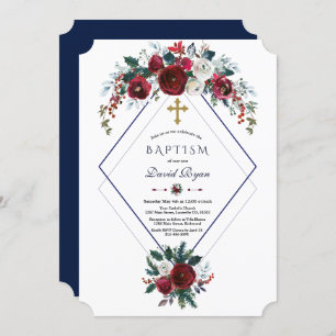 Geometric Burgundy Floral Pine Navy Blue Baptism Invitation