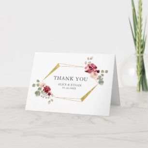 Geometric Burgundy Flower And Eucalyptus Wedding Thank You Card