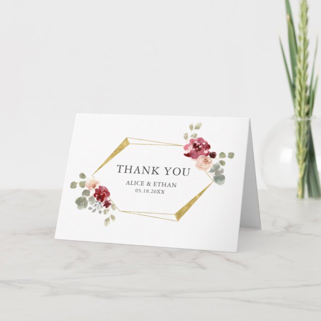 Geometric Burgundy Flower And Eucalyptus Wedding Thank You Card (Front)