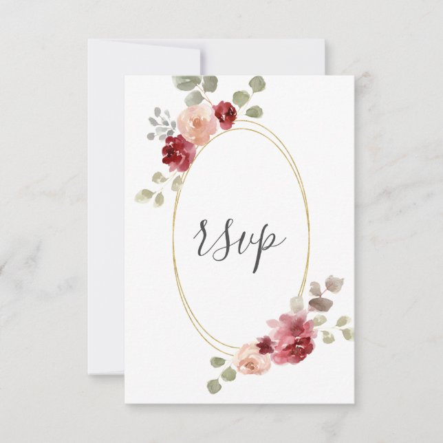Geometric Burgundy Flower Eucalyptus Wedding RSVP (Front)