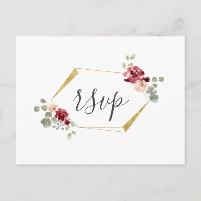 Geometric Burgundy Flower Eucalyptus Wedding RSVP Invitation Postcard (Front)