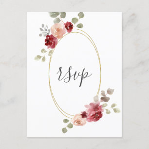 Geometric Burgundy Flower Eucalyptus Wedding RSVP Invitation Postcard