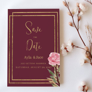 Geometric burgundy gold pink flower Save the Date Invitation