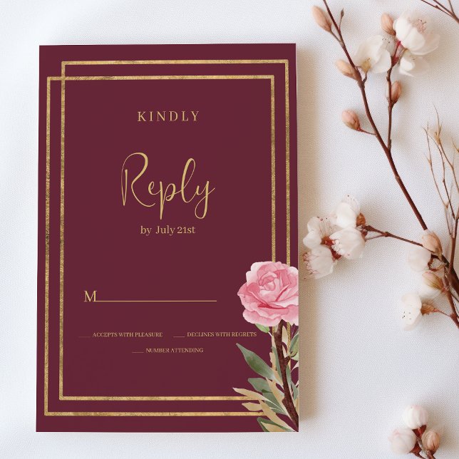 Geometric burgundy gold pink mint flower RSVP  Invitation (Geometric burgundy gold pink mint flower RSVP)