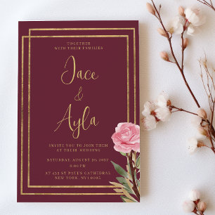 Geometric burgundy gold pink mint flower Wedding Invitation