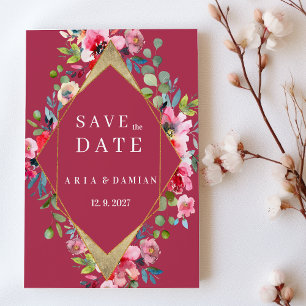Geometric burgundy mint gold floral Save the Date Invitation