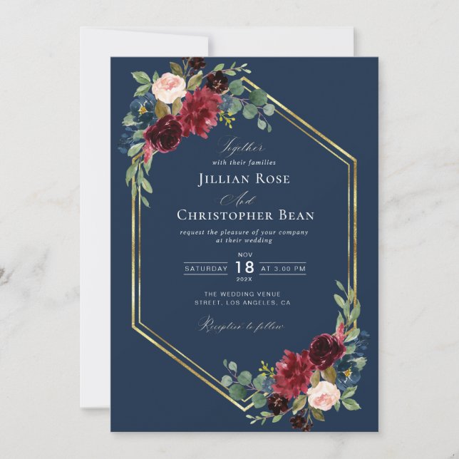 geometric burgundy navy blue and gold wedding invitation (Front)