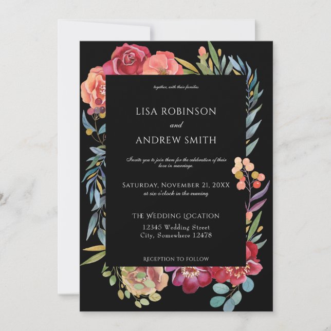 Geometric Burgundy Tropical Floral Wedding- Black Invitation (Front)
