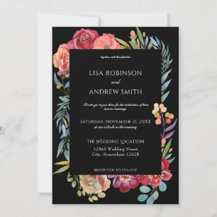 Geometric Burgundy Tropical Floral Wedding- Black Invitation