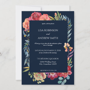 Geometric Burgundy Tropical Floral Wedding- Navy Invitation