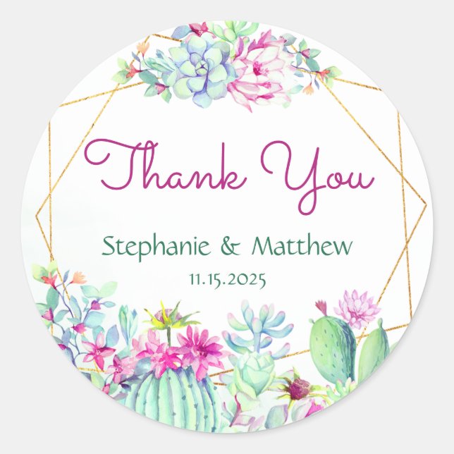 Geometric Cactus Succulent Wedding Thank You Classic Round Sticker (Front)