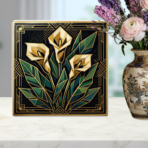 Geometric Calla Lily Art Deco Floral Gold Green  Ceramic Tile