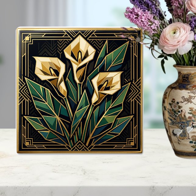 Geometric Calla Lily Art Deco Floral Gold Green  Ceramic Tile (Creator Uploaded)