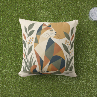 Geometric Cat Botanical Art Cushion