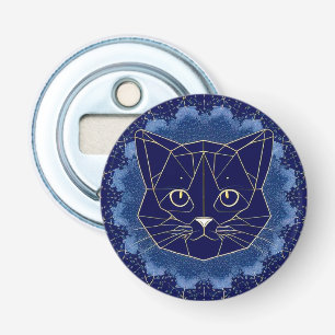 Geometric Cat Design Surrounded by Gold Stars Bottle Opener