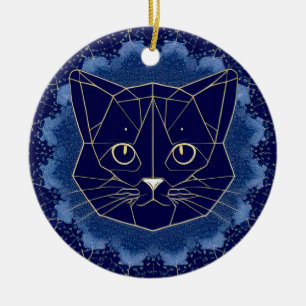 Geometric Cat Design Surrounded by Gold Stars Ceramic Ornament