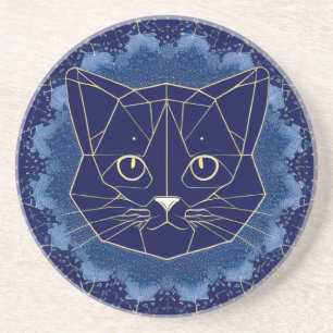 Geometric Cat Design Surrounded by Gold Stars Coaster