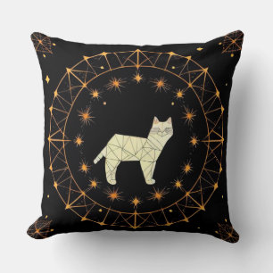 Geometric Cat Design Surrounded by Gold Stars Cushion