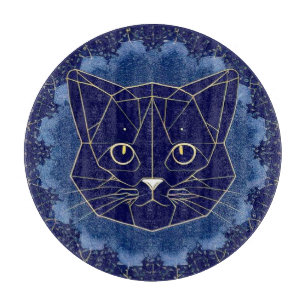 Geometric Cat Design Surrounded by Gold Stars Cutting Board