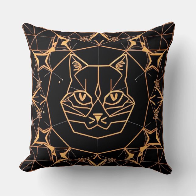 Geometric Cat Design with Gold Lines Cushion (Front)