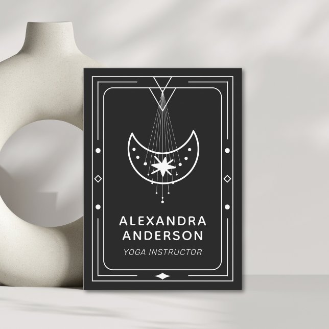 Geometric Celestial Crescent Moon Yoga Instructor  Business Card (Framed Celestial Starry Crescent Moon Business Card)