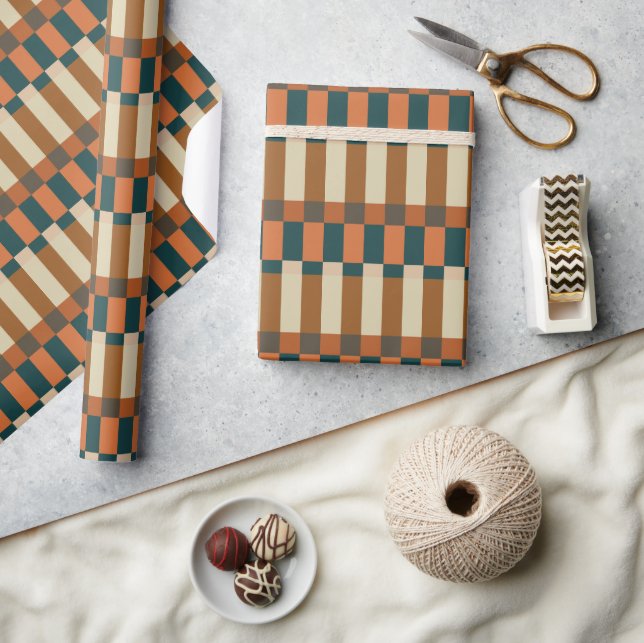 Geometric Check Pattern in Autumn Pumpkin Wrapping Paper (Crafts)