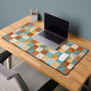Geometric Chequerboard with Lines, Turquoise, Rust Desk Mat