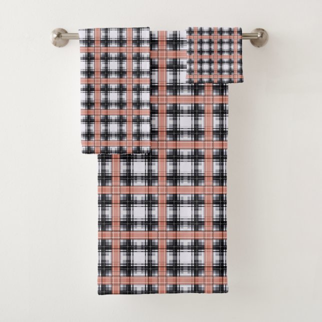 Geometric chequered pattern plaid brown bath towel set (Insitu)