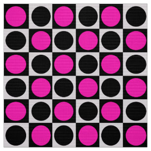 Geometric Chequered Pink And Black Dots  Fabric