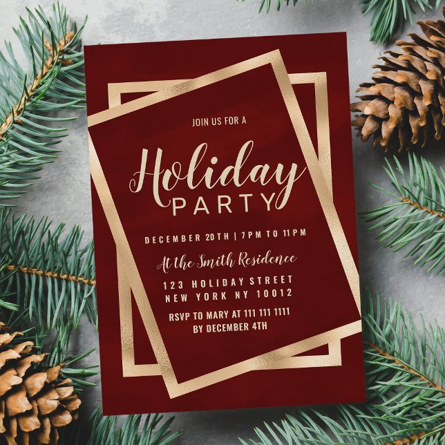 Geometric Chic Gold Burgundy Red Holiday Party Invitation Postcard (Geometric Chic Gold Burgundy Red Holiday Party )