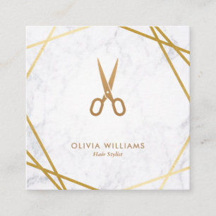 Geometric Chic Gold Scissors Marble Hair Stylist Square Business Card