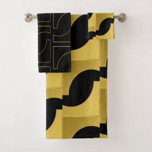 Geometric Chic Golden Brass Pattern On Black Bath Towel Set