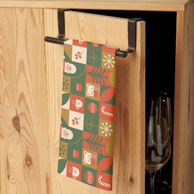 Geometric Christmas Seamless Santa Bear Pattern Tea Towel (Thirds Fold)