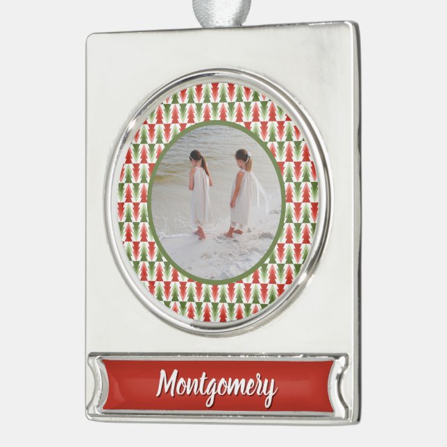 Geometric Christmas Tree Grove Silver Plated Banner Ornament (Left)