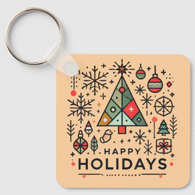 Geometric Christmas Tree Happy Holidays Festive Key Ring (Front)