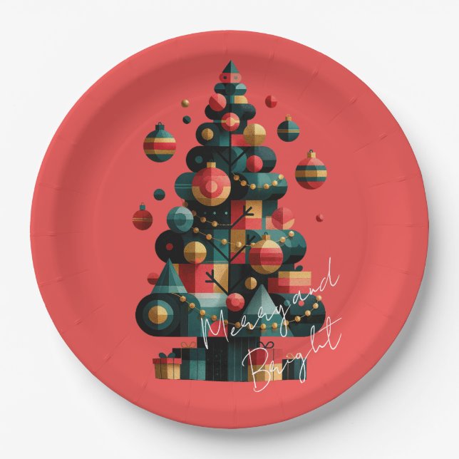 Geometric Christmas Tree Paper Plate (Front)