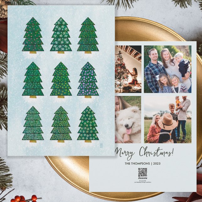 Geometric Christmas Tree Wishes 4 Family Photos Holiday Card (Front and Back)