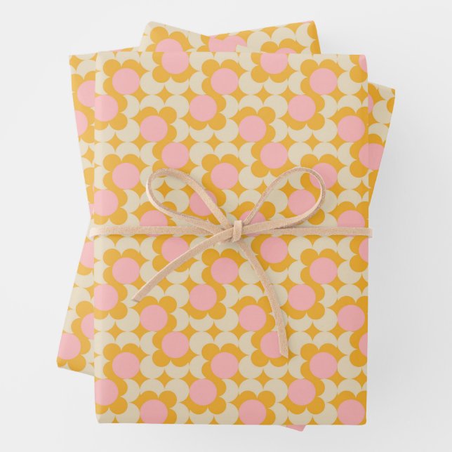 Geometric Circle Mid Century Flower Pattern Wrapping Paper Sheet (In situ)