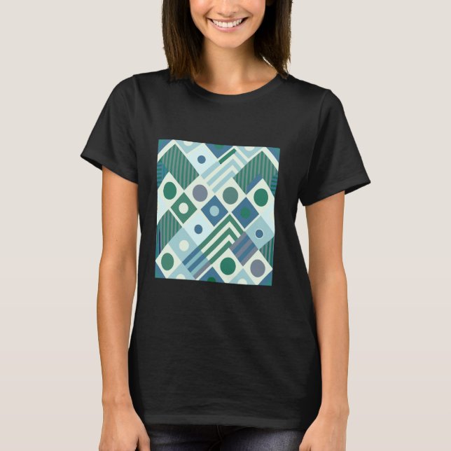GEOMETRIC CIRCLE SQUARE STRIPE PATTERN BLUE GREY G T-Shirt (Front)