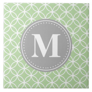 Geometric Circles Mint Green Grey Monogram Ceramic Tile
