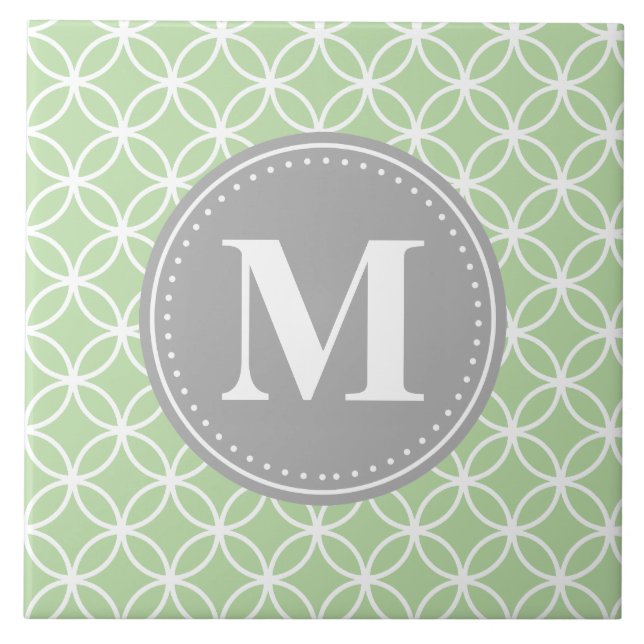Geometric Circles Mint Green Grey Monogram Ceramic Tile (Front)