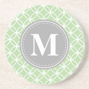 Geometric Circles Mint Green Grey Monogram Coaster
