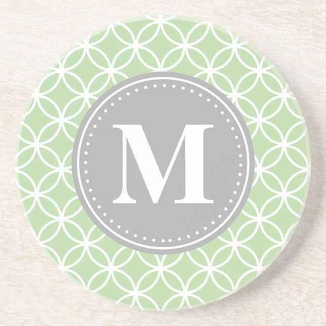 Geometric Circles Mint Green Grey Monogram Coaster (Front)