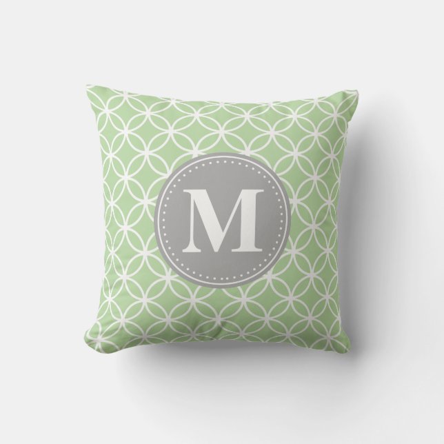 Geometric Circles Mint Green Grey Monogram Cushion (Front)