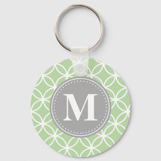Geometric Circles Mint Green Grey Monogram Key Ring (Front)