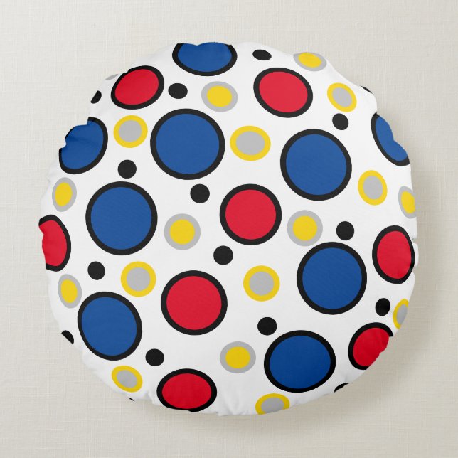 Geometric Circles Red Blue Silver Gold Round Cushion (Front)